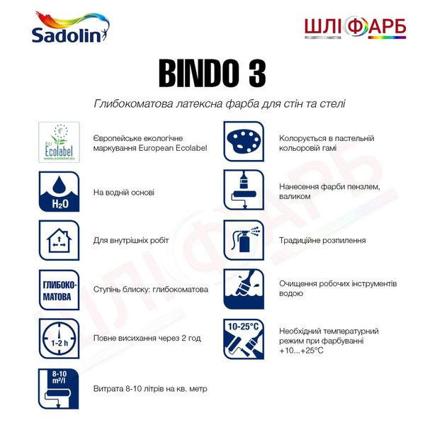 Латексна фарба Sadolin Bindo 3 для стін та стелі, біла, BW, 10 л 5078158 фото